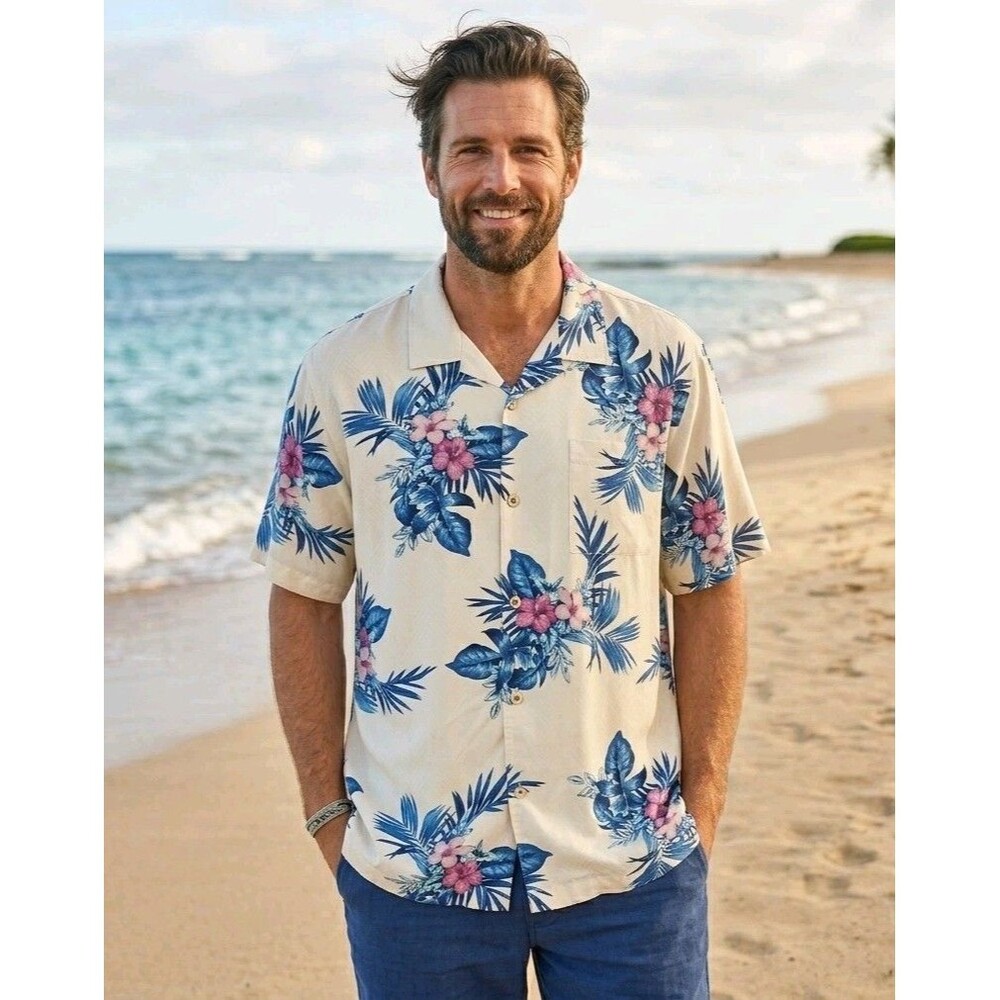 Tommy Bahama Men's XL 100% Silk Tropical Blue Hawaiian Floral Shirt Button Down